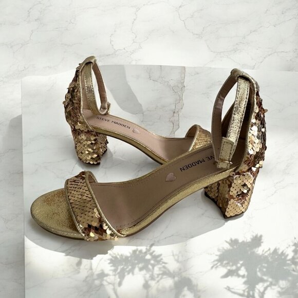STEVE MADDEN Girls Gold Sequined Kitten Heels Sandals Size 4 - Picture 1 of 8